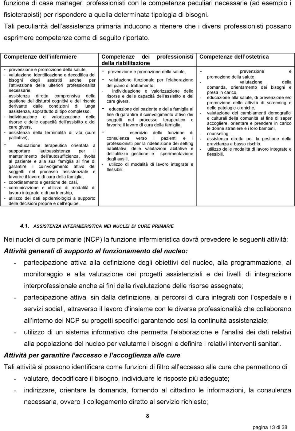 Competenze dell infermiere - prevenzione e promozione della salute, - valutazione, identificazione e decodifica dei bisogni degli assistiti anche per l attivazione delle ulteriori professionalità