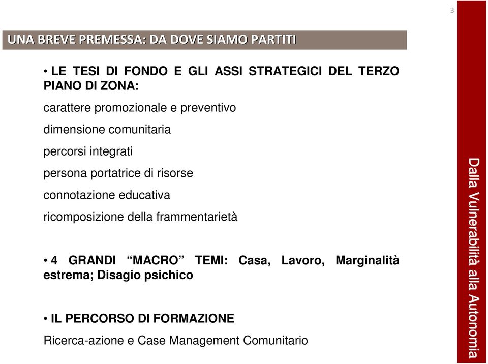 di risorse connotazione educativa ricomposizione della frammentarietà 4 GRANDI MACRO TEMI: Casa, Lavoro,