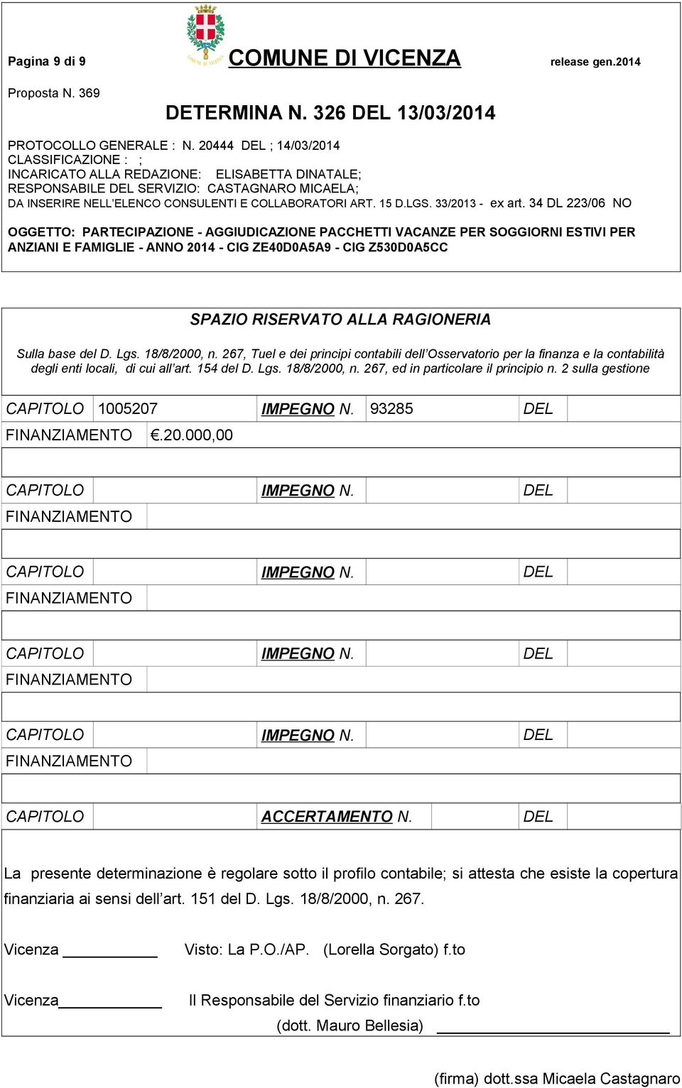 2 sulla gestione CAPITOLO 1005207 IMPEGNO N. 93285 DEL FINANZIAMENTO.20.000,00 CAPITOLO IMPEGNO N. DEL FINANZIAMENTO CAPITOLO IMPEGNO N. DEL FINANZIAMENTO CAPITOLO IMPEGNO N. DEL FINANZIAMENTO CAPITOLO IMPEGNO N. DEL FINANZIAMENTO CAPITOLO ACCERTAMENTO N.