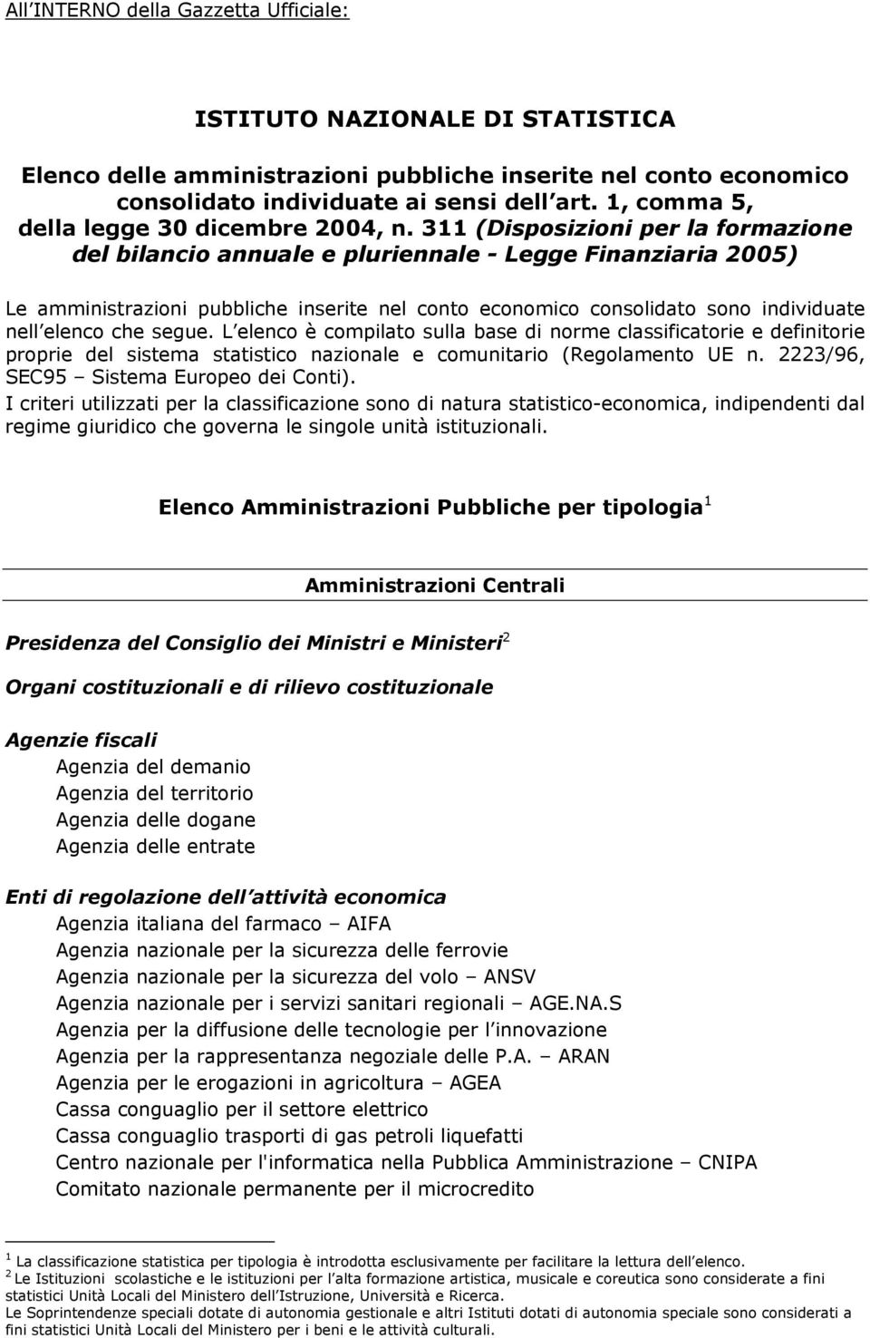 311 (Disposizioni per la formazione del bilancio annuale e pluriennale - Legge Finanziaria 2005) Le amministrazioni pubbliche inserite nel conto economico consolidato sono individuate nell elenco che