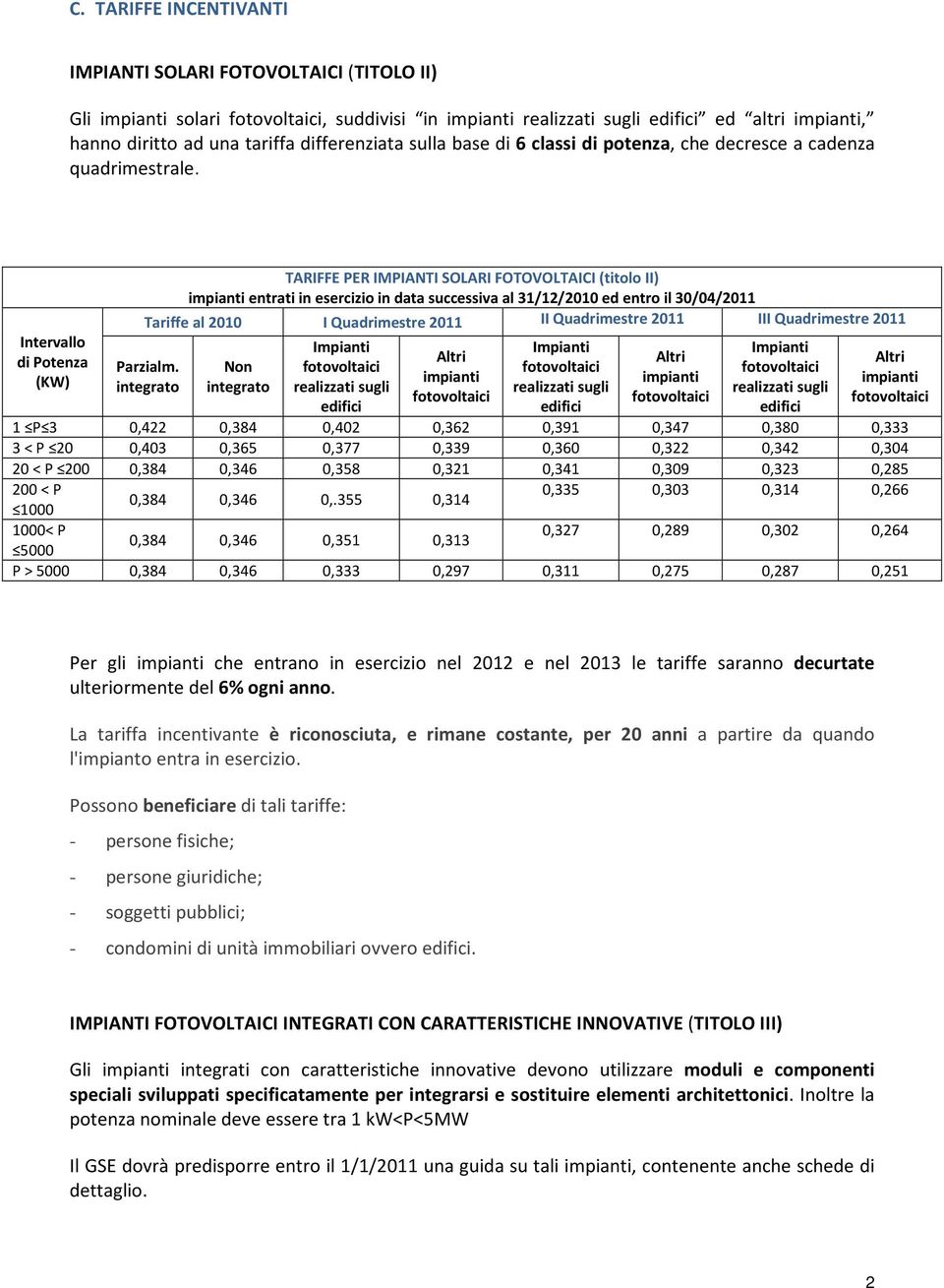 Intervallo di Potenza (KW) TARIFFE PER IMPIANTI SOLARI FOTOVOLTAICI (titolo II) entrati in esercizio in data successiva al 31/12/2010 ed entro il 30/04/2011 Tariffe al 2010 I Quadrimestre 2011 II