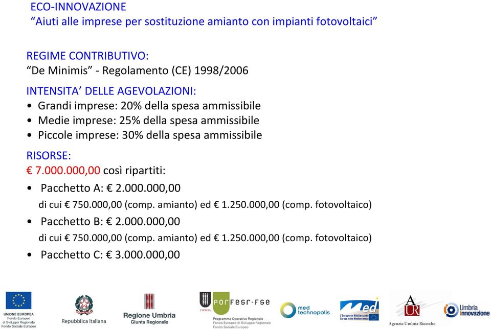 della spesa ammissibile RISORSE: 7.000.000,00 così ripartiti: Pacchetto A: 2.000.000,00 di cui 750.000,00 (comp. amianto) ed 1.250.