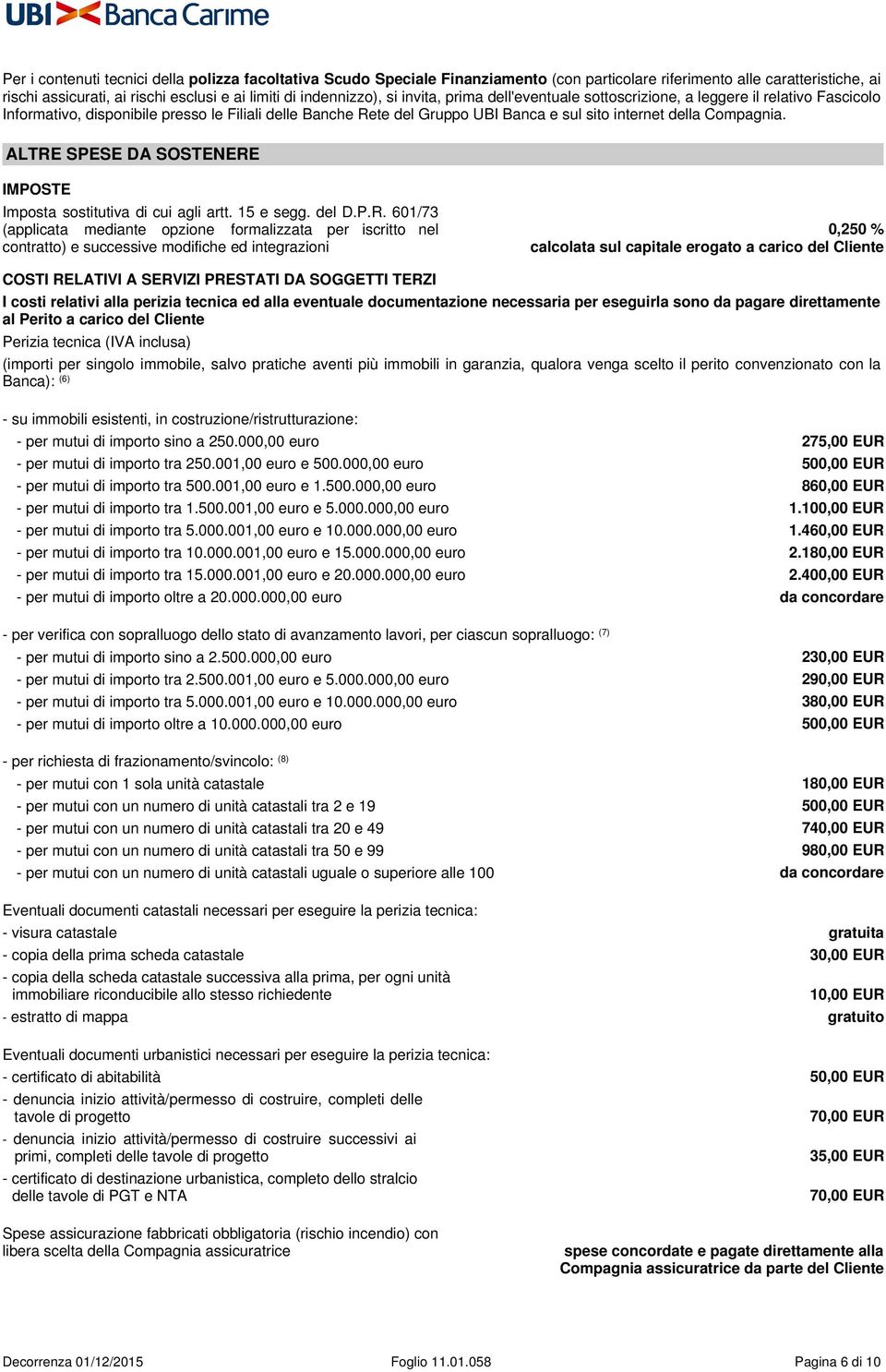 ALTRE SPESE DA SOSTENERE IMPOSTE Imposta sostitutiva di cui agli artt. 15 e segg. del D.P.R. 601/73 (applicata mediante opzione formalizzata per iscritto nel contratto) e successive modifiche ed