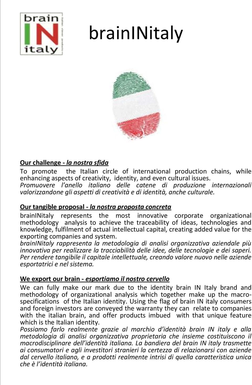 Our tangible proposal - la nostra proposta concreta braininitaly represents the most innovative corporate organizational methodology analysis to achieve the traceability of ideas, technologies and