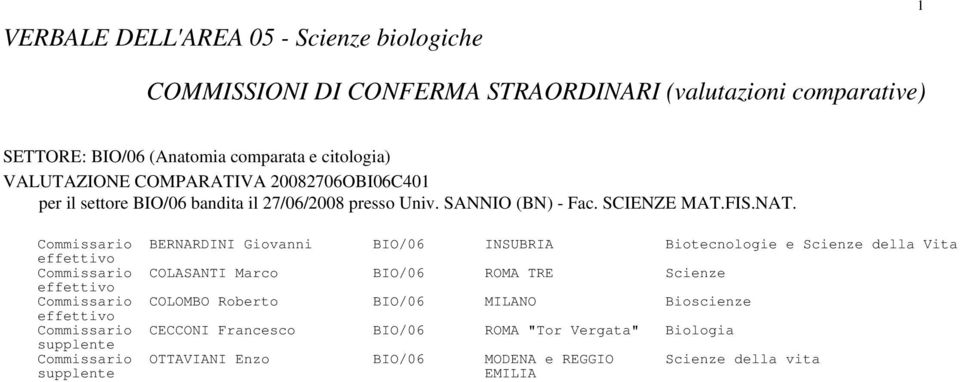 Commissario BERNARDINI Giovanni BIO/06 INSUBRIA Biotecnologie e Scienze della Vita Commissario COLASANTI Marco BIO/06 ROMA TRE Scienze