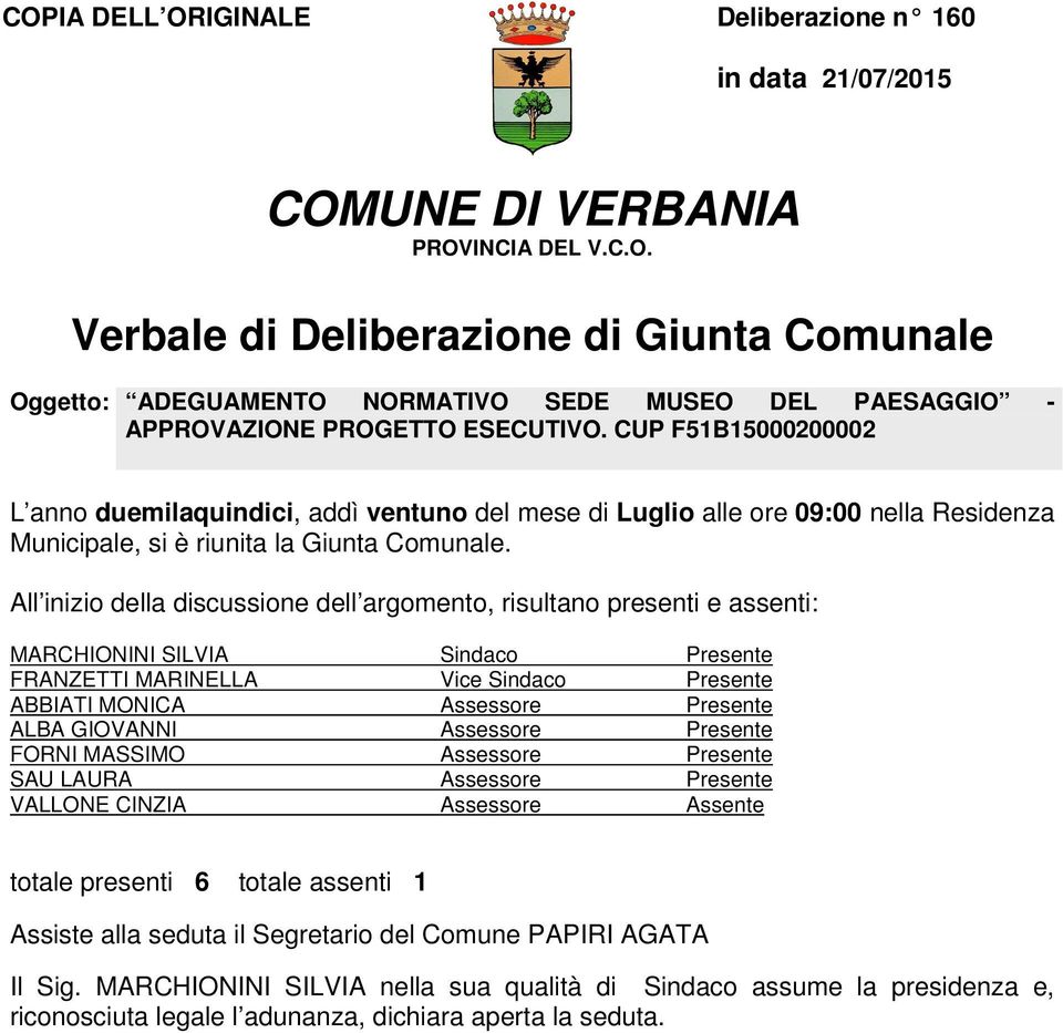 All inizio della discussione dell argomento, risultano presenti e assenti: MARCHIONINI SILVIA Sindaco Presente FRANZETTI MARINELLA Vice Sindaco Presente ABBIATI MONICA Assessore Presente ALBA