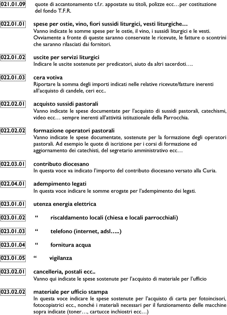 02 uscite per servizi liturgici Indicare le uscite sostenute per predicatori, aiuto da altri sacerdoti. 022.01.