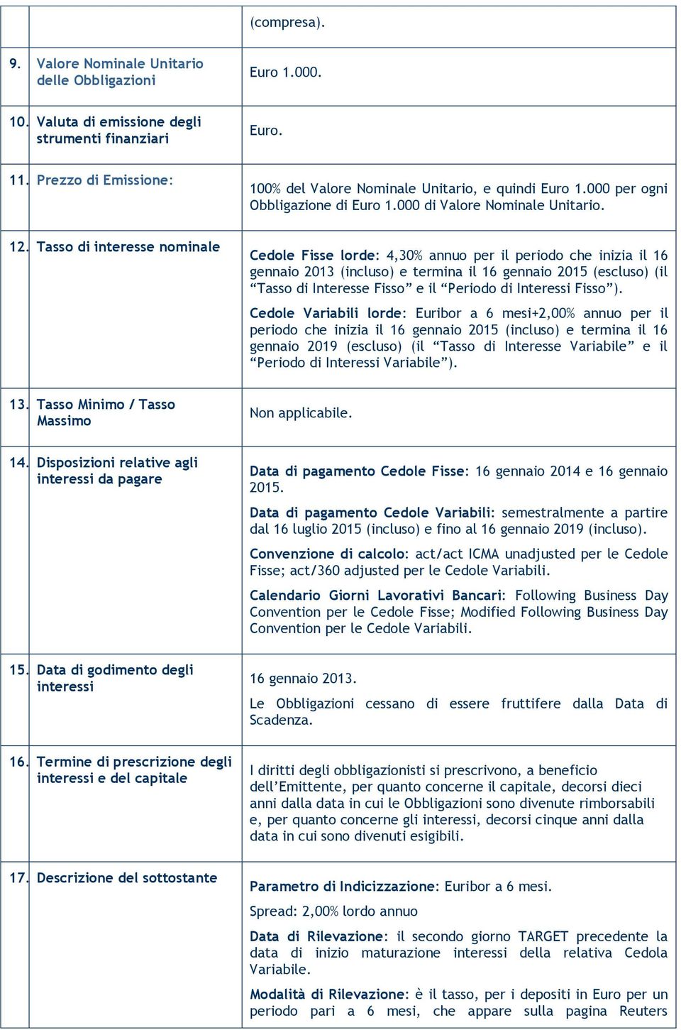 Tasso di interesse nominale Cedole Fisse lorde: 4,30% annuo per il periodo che inizia il 16 gennaio 2013 (incluso) e termina il 16 gennaio 2015 (escluso) (il Tasso di Interesse Fisso e il Periodo di