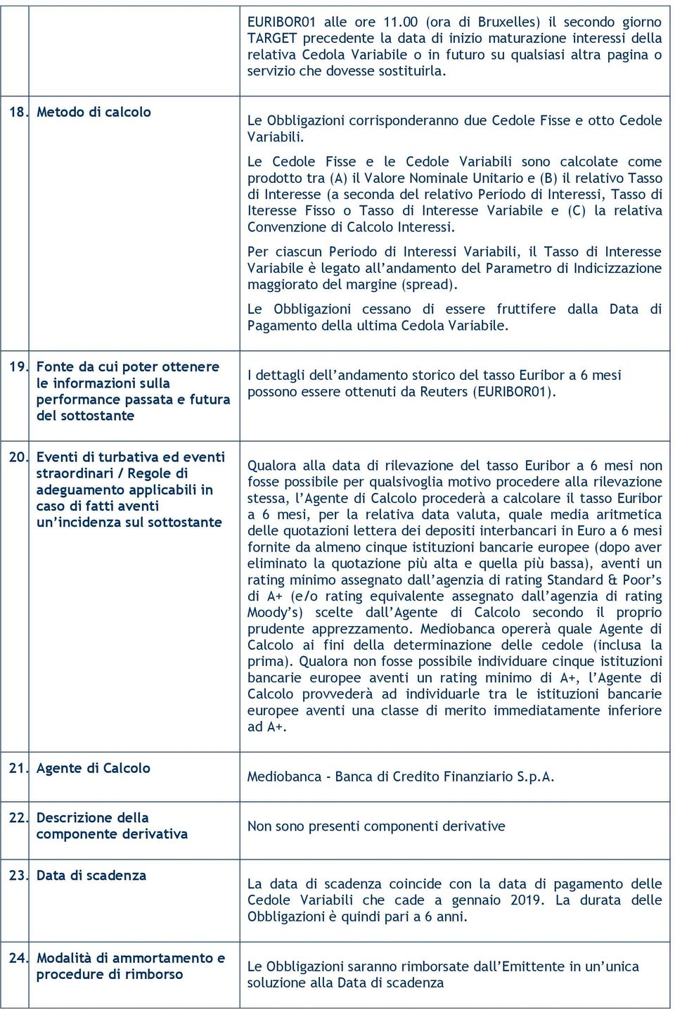 sostituirla. 18. Metodo di calcolo Le Obbligazioni corrisponderanno due Cedole Fisse e otto Cedole Variabili.