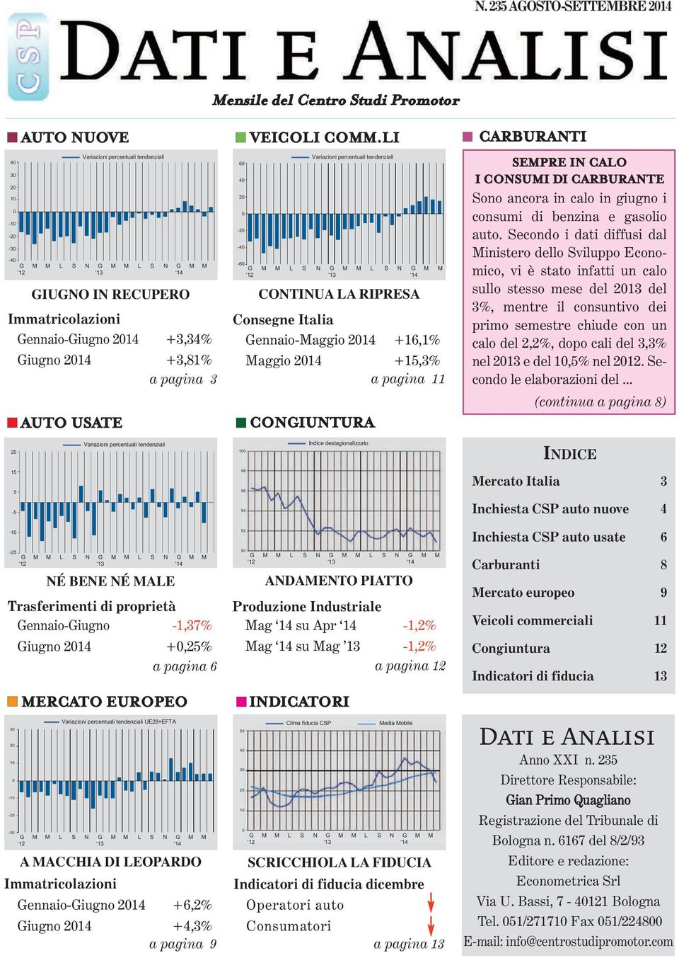 LI Variazioni percentuali tendenziali CONTINUA LA RIPRESA Consegne Italia Gennaio-Maggio 214 +16,1% Maggio 214 +15,3% a pagina 11 CONGIUNTURA CARBURANTI SEMPRE IN CALO I CONSUMI DI CARBURANTE Sono