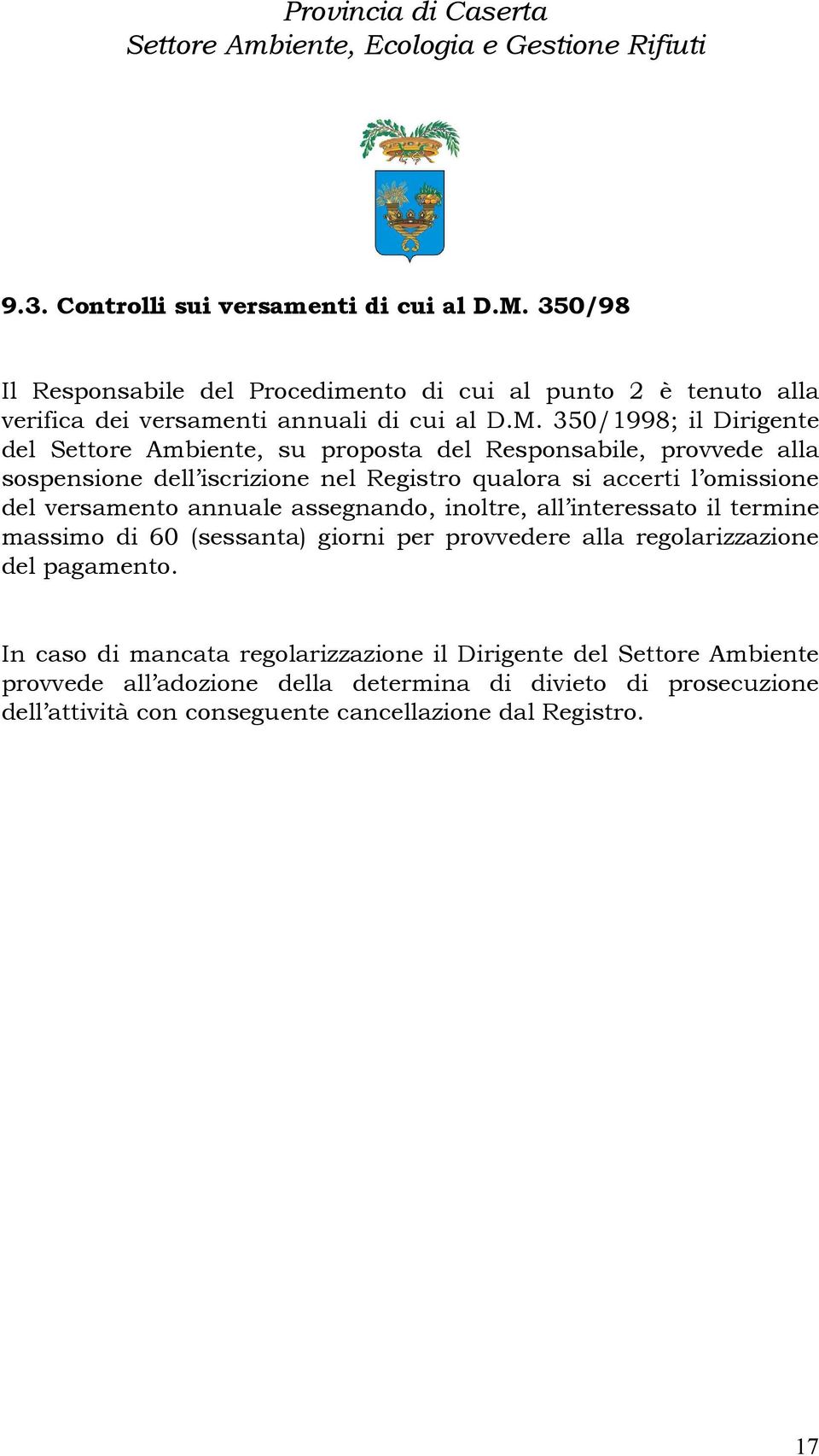 350/1998; il Dirigente del Settore Ambiente, su proposta del Responsabile, provvede alla sospensione dell iscrizione nel Registro qualora si accerti l omissione del