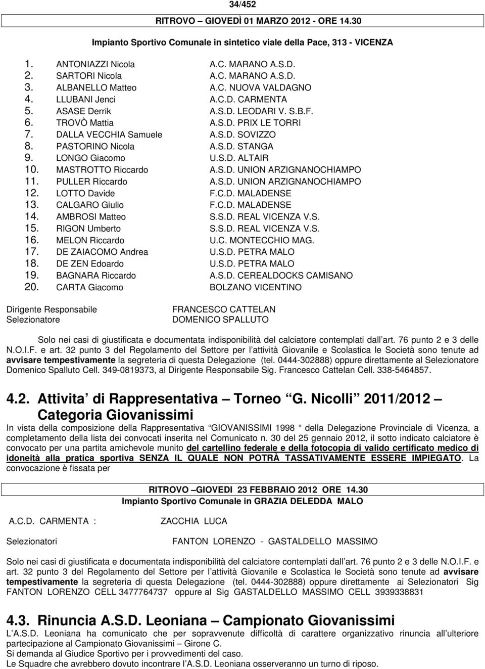 LONGO Giacomo U.S.D. ALTAIR 10. MASTROTTO Riccardo A.S.D. UNION ARZIGNANOCHIAMPO 11. PULLER Riccardo A.S.D. UNION ARZIGNANOCHIAMPO 12. LOTTO Davide F.C.D. MALADENSE 13. CALGARO Giulio F.C.D. MALADENSE 14.