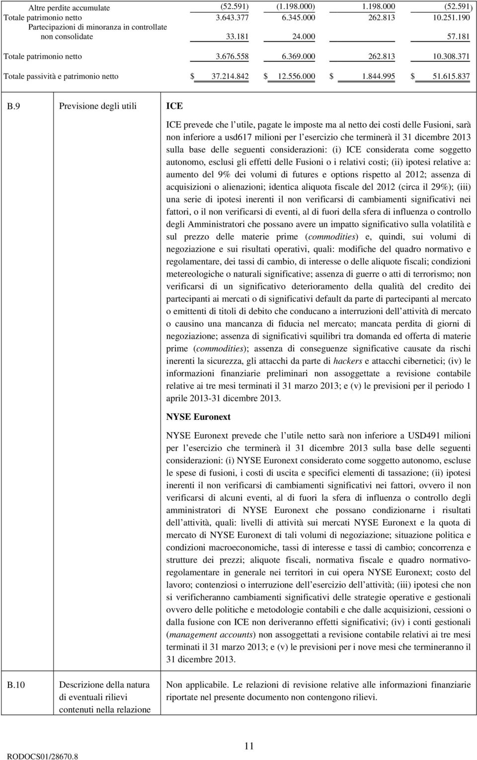 9 Previsione degli utili ICE ICE prevede che l utile, pagate le imposte ma al netto dei costi delle Fusioni, sarà non inferiore a usd617 milioni per l esercizio che terminerà il 31 dicembre 2013