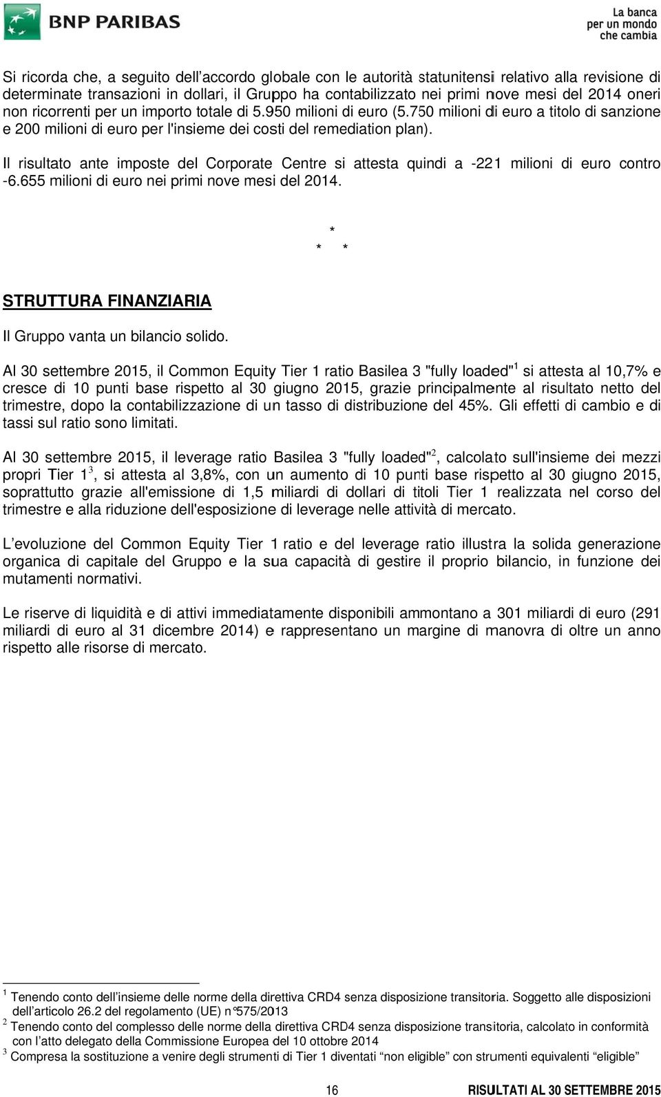 Il risultato ante imposte del Corporate Centre si -6.655 milioni di euro nei primi nove mesi del 24.