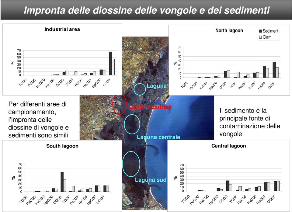 di vongole e sedimenti sono simili South lagoon Canali indutriali Laguna centrale Il sedimento è la principale fonte di contaminazione delle vongole Central