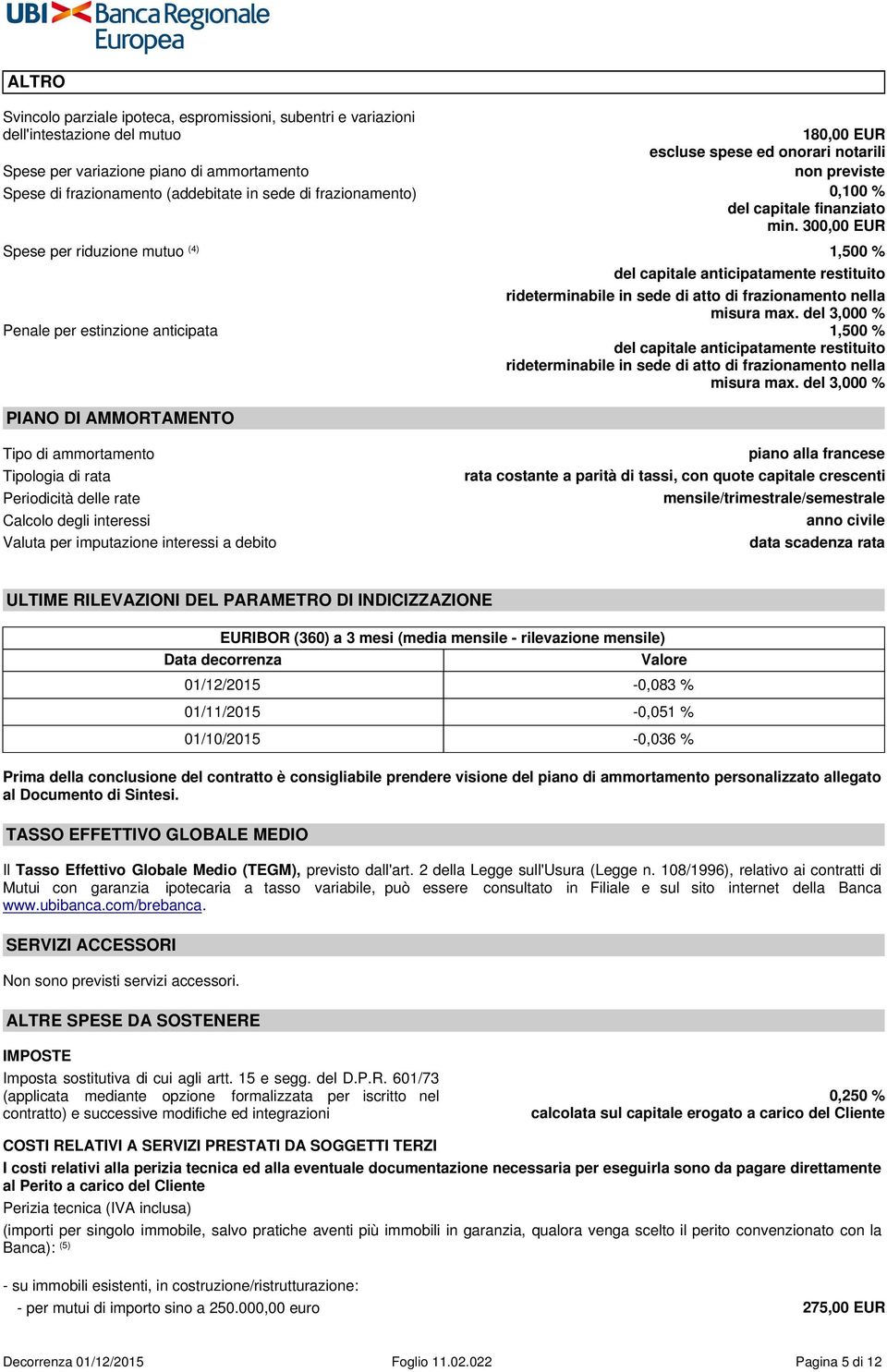 300,00 EUR Spese per riduzione mutuo (4) 1,500 % del capitale anticipatamente restituito rideterminabile in sede di atto di frazionamento nella misura max.