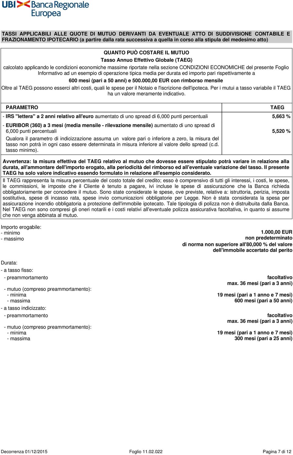 Informativo ad un esempio di operazione tipica media per durata ed importo pari rispettivamente a 600 mesi (pari a 50 anni) e 500.