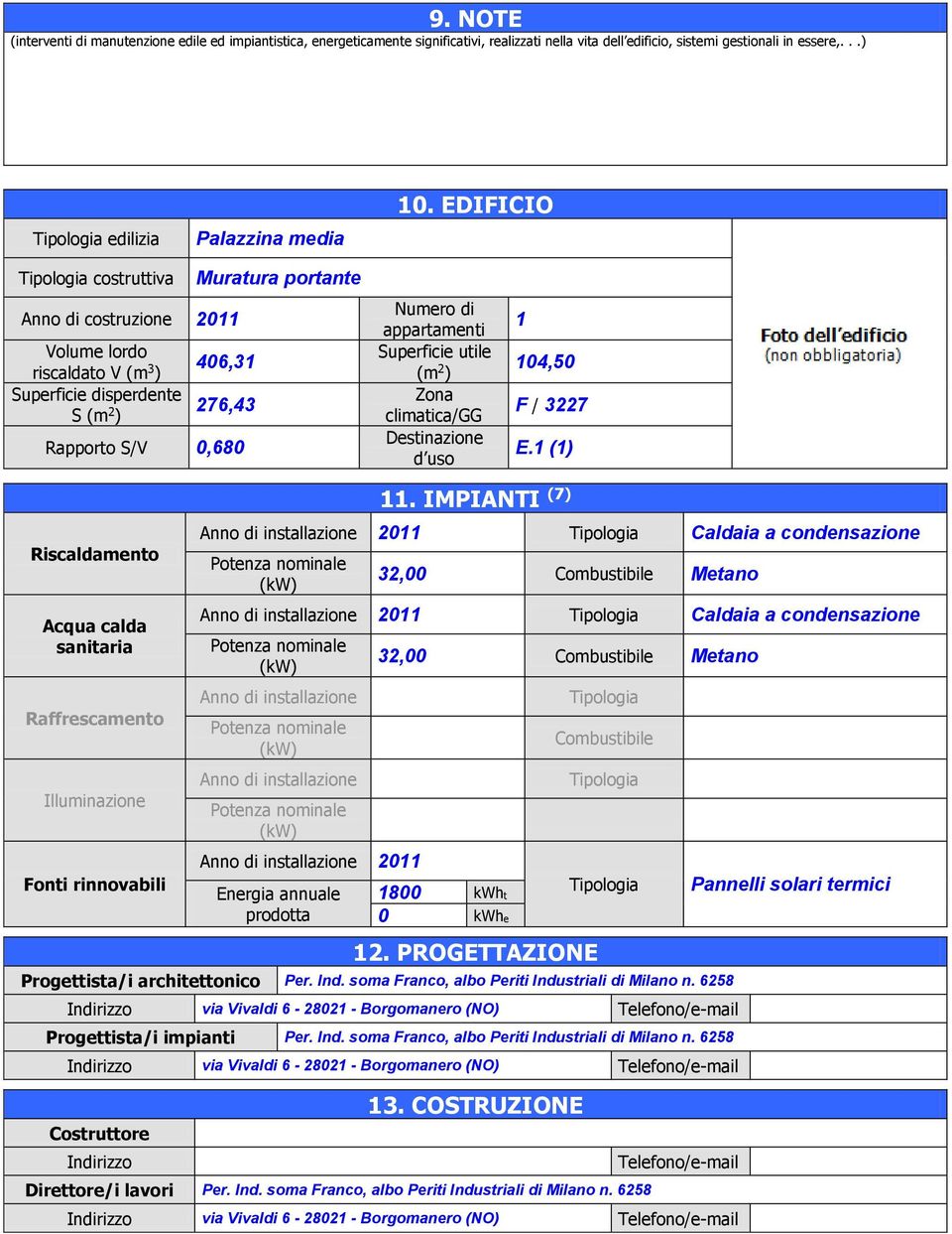 utile (m 2 ) Zona climatica/gg Destinazione d uso 1 104,50 F / 3227 E.1 (1) Riscaldamento Acqua calda sanitaria Raffrescamento Illuminazione 11.