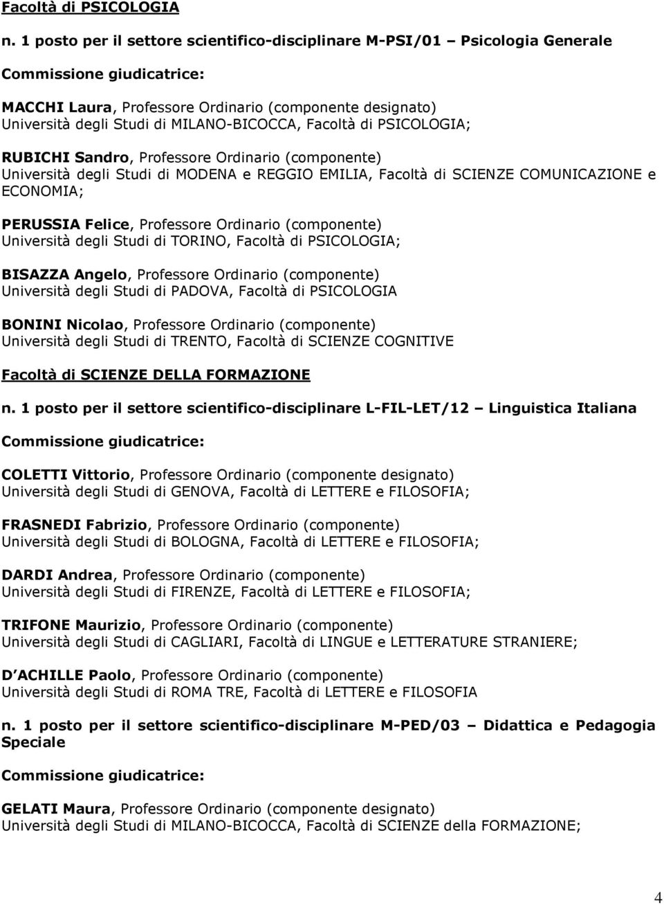 PSICOLOGIA; RUBICHI Sandro, Professore Ordinario (componente) Università degli Studi di MODENA e REGGIO EMILIA, Facoltà di SCIENZE COMUNICAZIONE e ECONOMIA; PERUSSIA Felice, Professore Ordinario