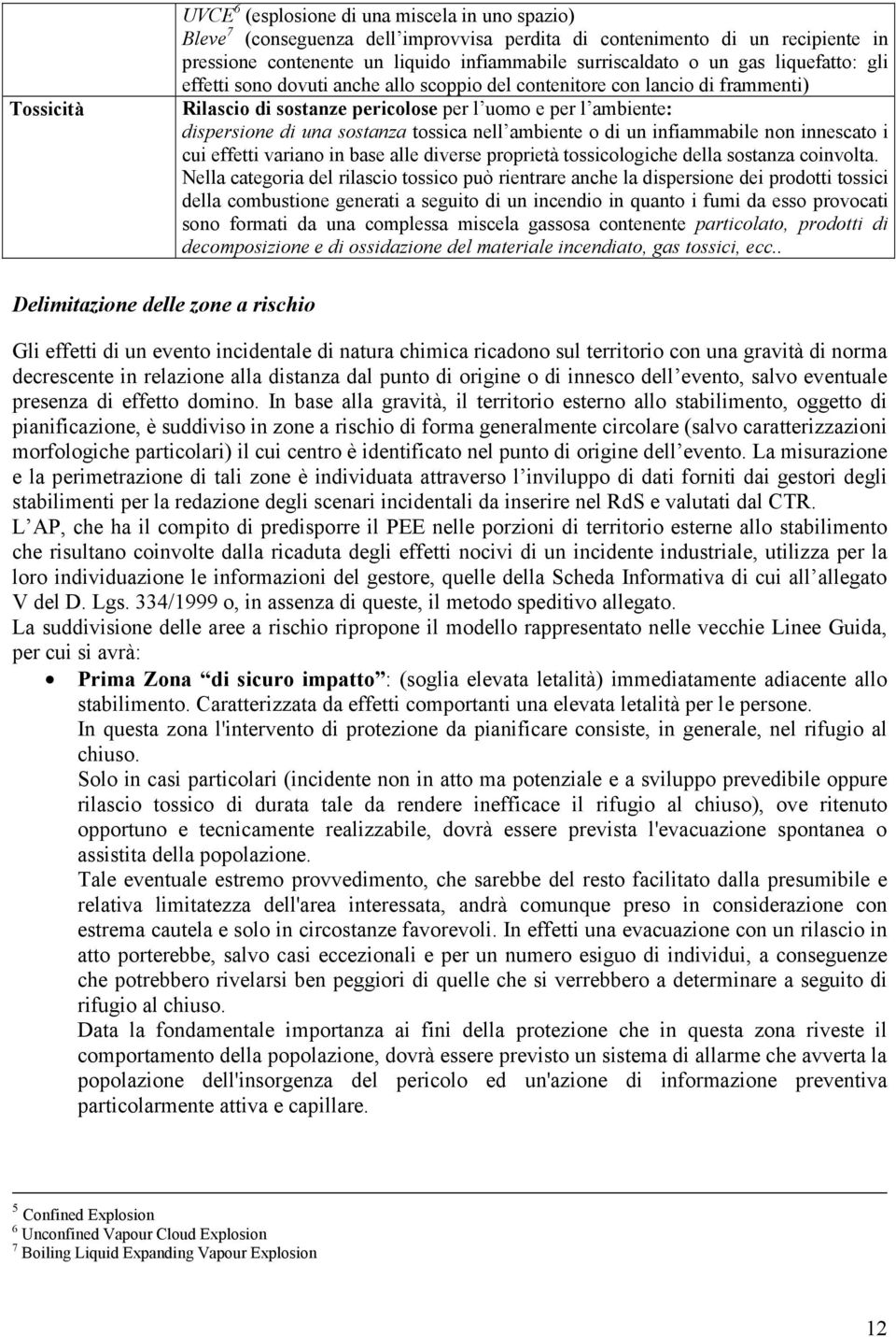 tossica nell ambiente o di un infiammabile non innescato i cui effetti variano in base alle diverse proprietà tossicologiche della sostanza coinvolta.