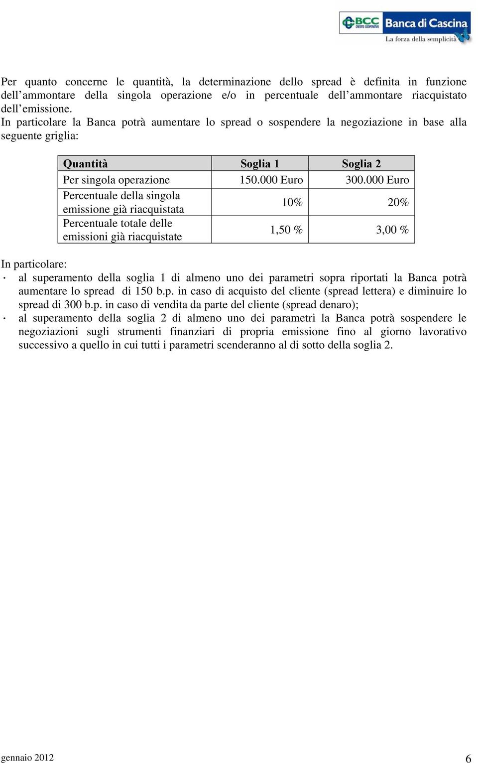 000 Euro Percentuale della singola emissione già riacquistata 10% 20% Percentuale totale delle emissioni già riacquistate 1,50 % 3,00 % In particolare: al superamento della soglia 1 di almeno uno dei