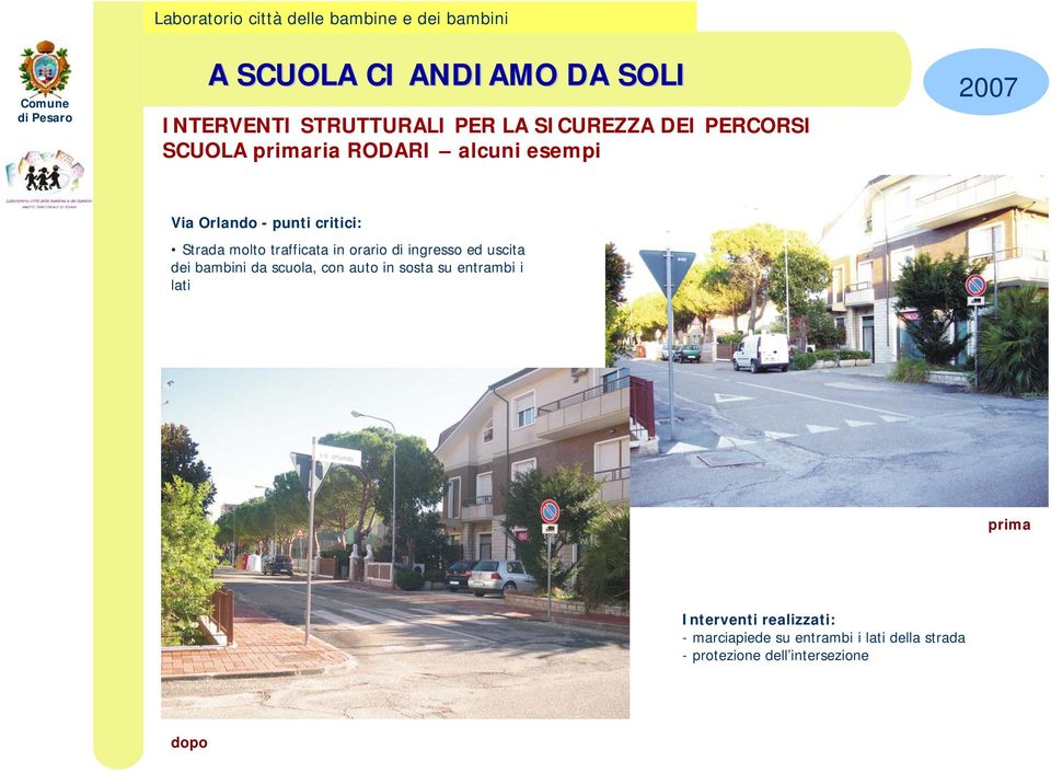 ed uscita dei bambini da scuola, con auto in sosta su entrambi i lati prima Interventi