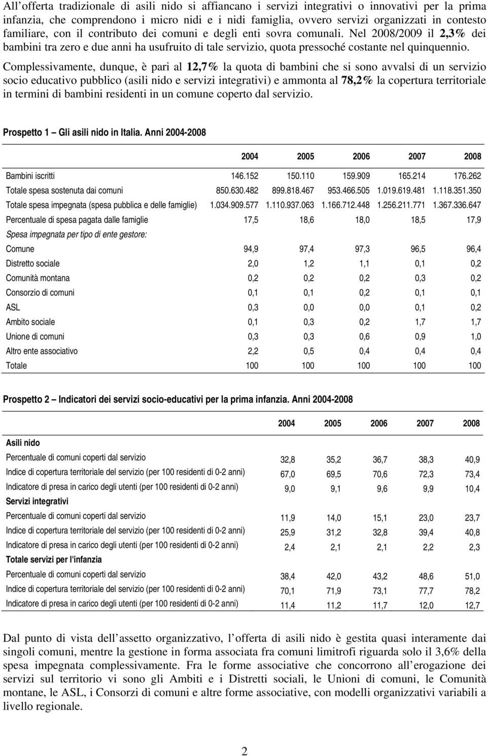 Complessivamente, dunque, è pari al 12,7% la quota di bambini che si sono avvalsi di un servizio socio educativo pubblico (asili nido e servizi integrativi) e ammonta al 78,2% la copertura