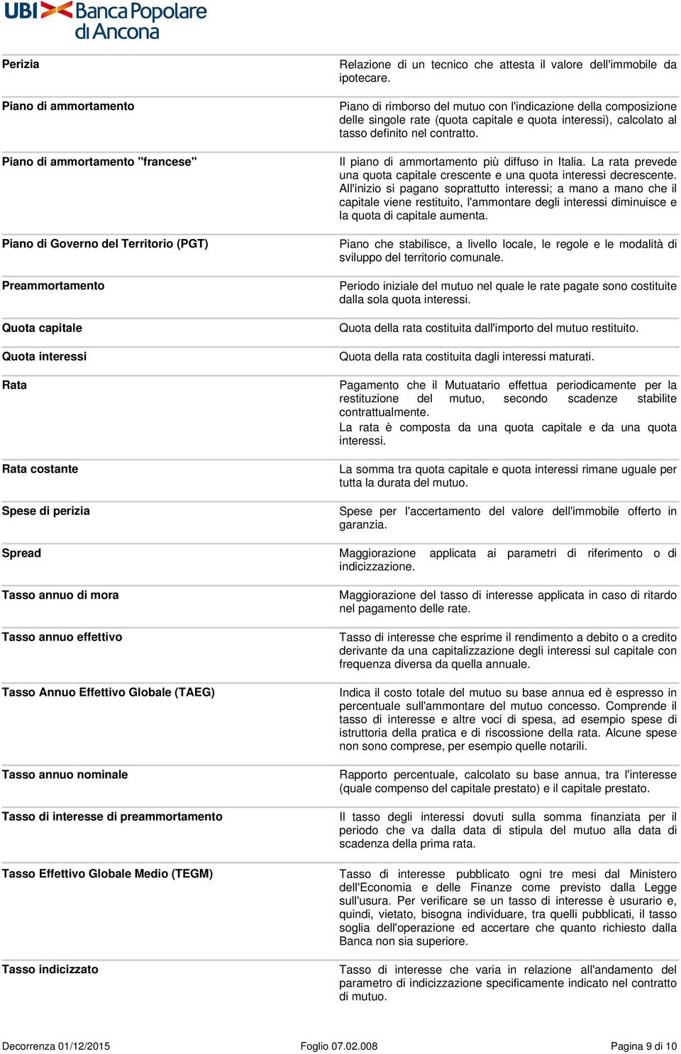 Piano di rimborso del mutuo con l'indicazione della composizione delle singole rate (quota capitale e quota interessi), calcolato al tasso definito nel contratto.