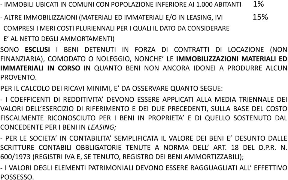 ESCLUSI I BENI DETENUTI IN FORZA DI CONTRATTI DI LOCAZIONE (NON FINANZIARIA), COMODATO O NOLEGGIO, NONCHE LE IMMOBILIZZAZIONI MATERIALI ED IMMATERIALI IN CORSO IN QUANTO BENI NON ANCORA IDONEI A