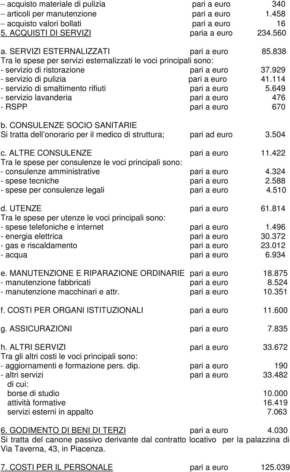 114 - servizio di smaltimento rifiuti pari a euro 5.649 - servizio lavanderia pari a euro 476 - RSPP pari a euro 670 b.