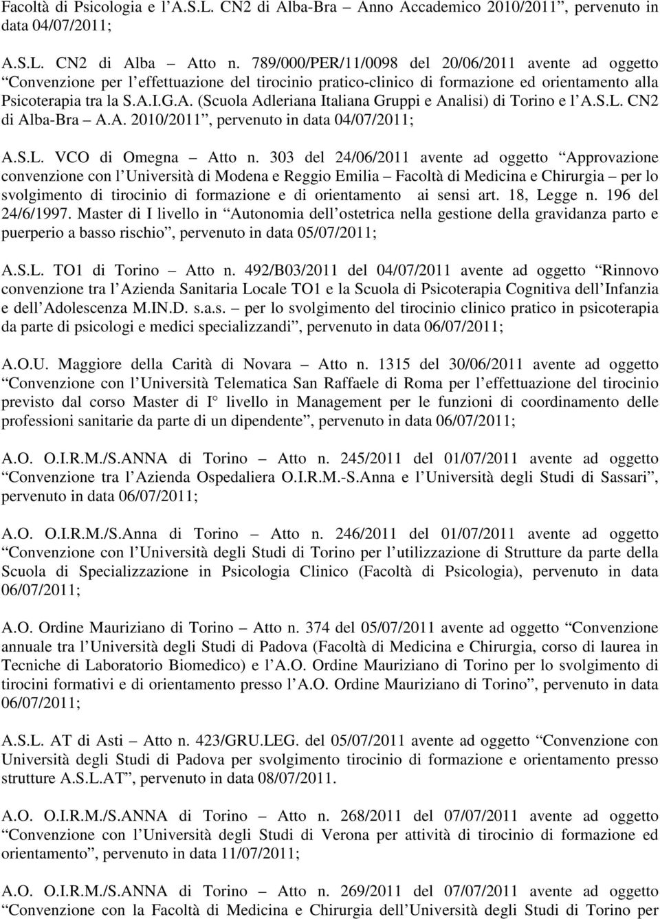 I.G.A. (Scuola Adleriana Italiana Gruppi e Analisi) di Torino e l A.S.L. CN2 di Alba-Bra A.A. 2010/2011, pervenuto in data 04/07/2011; A.S.L. VCO di Omegna Atto n.