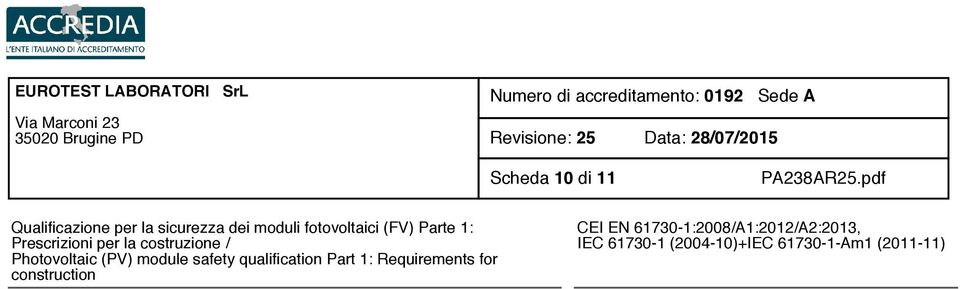 module safety qualification Part 1: Requirements for construction CEI