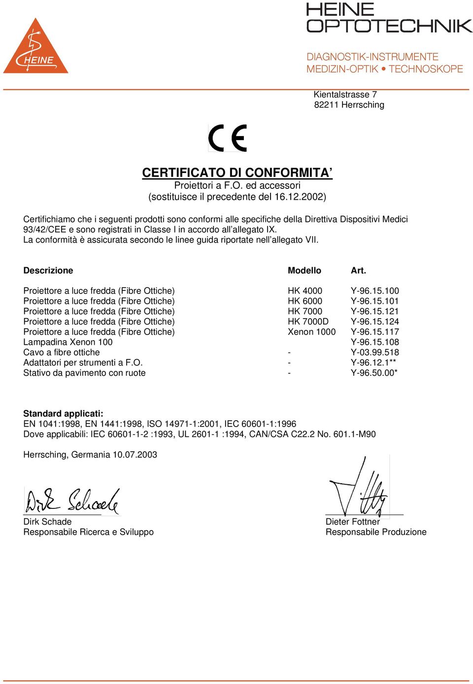 15.117 Lampadina Xenon 100 Y-96.15.108 Cavo a fibre ottiche - Y-03.99.518 Adattatori per strumenti a F.O. - Y-96.12.1** Stativo da pavimento con ruote - Y-96.50.