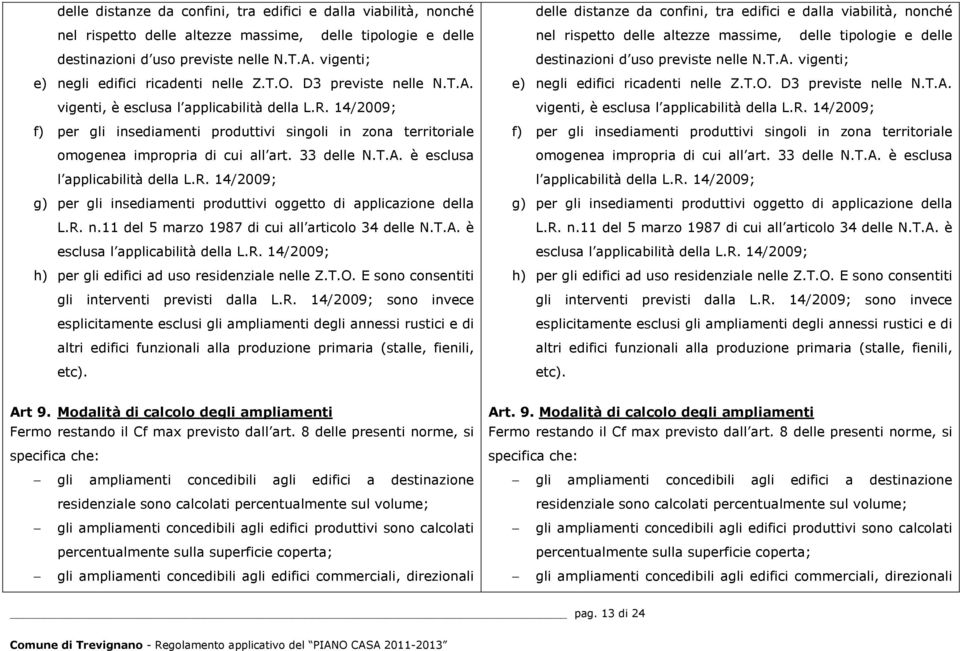 14/2009; f) per gli insediamenti produttivi singoli in zona territoriale omogenea impropria di cui all art. 33 delle N.T.A. è esclusa l applicabilità della L.R.