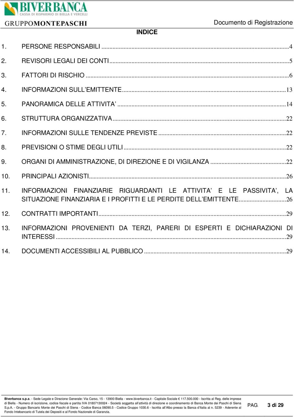 ORGANI DI AMMINISTRAZIONE, DI DIREZIONE E DI VIGILANZA... 22 10. PRINCIPALI AZIONISTI... 26 11.