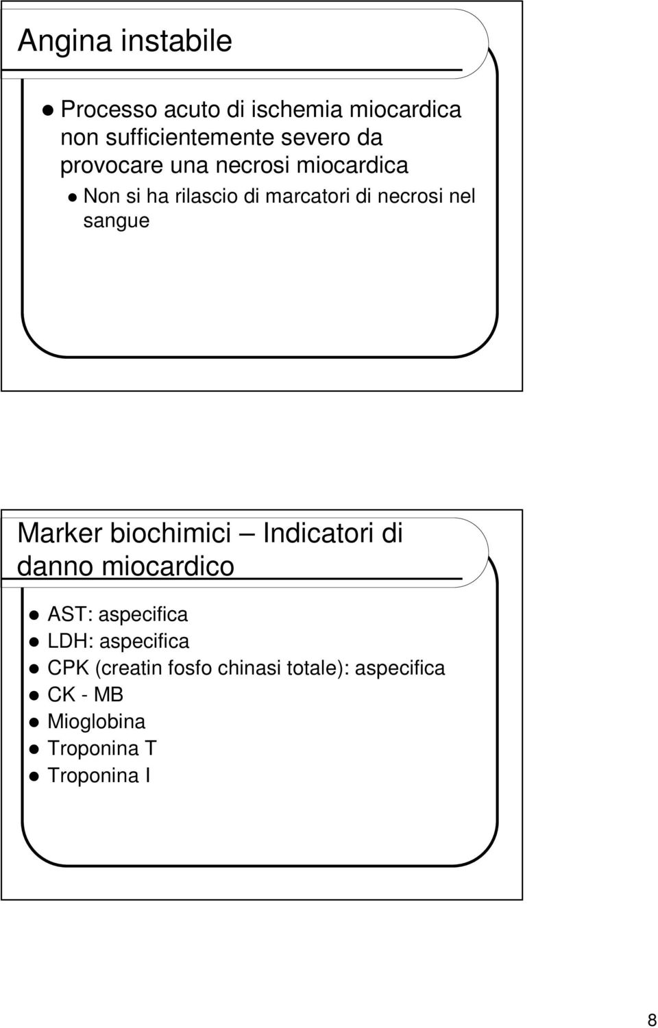 Marker biochimici Indicatori di danno miocardico AST: aspecifica LDH: aspecifica CPK