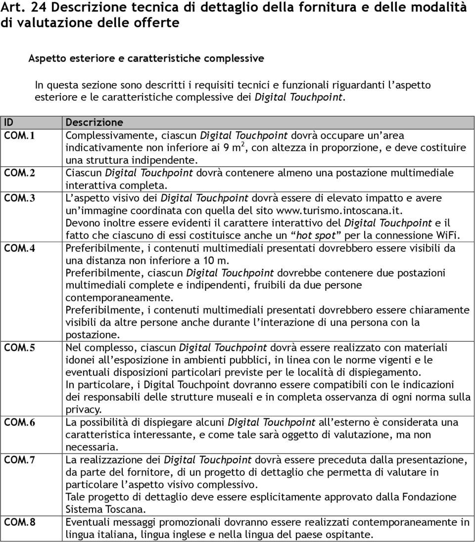 8 Complessivamente, ciascun Digital Touchpoint dovrà occupare un area indicativamente non inferiore ai 9 m 2, con altezza in proporzione, e deve costituire una struttura indipendente.