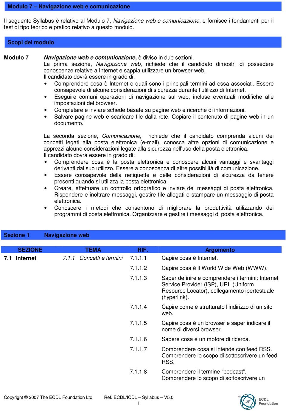 La prima sezione, Navigazione web, richiede che il candidato dimostri di possedere conoscenze relative a Internet e sappia utilizzare un browser web.