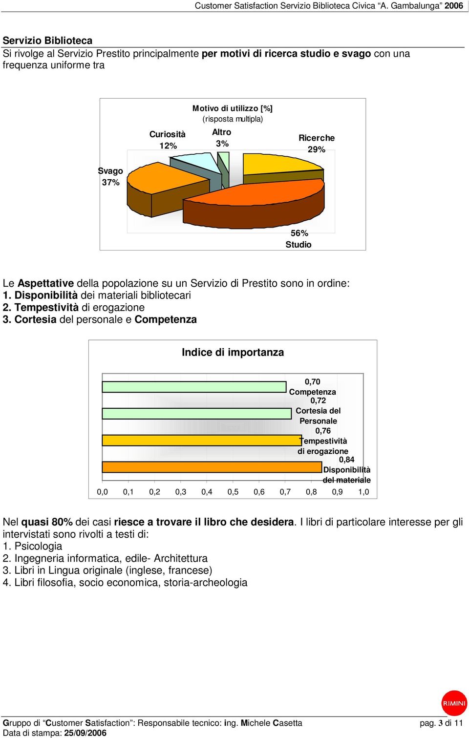 Cortesia del personale e Competenza Indice di importanza 0,70 Competenza 0,72 Cortesia del Personale 0,76 Tempestività di erogazione 0,84 Disponibilità del materiale 0,0 0, 0,2 0,3 0,4 0,5 0,6 0,7