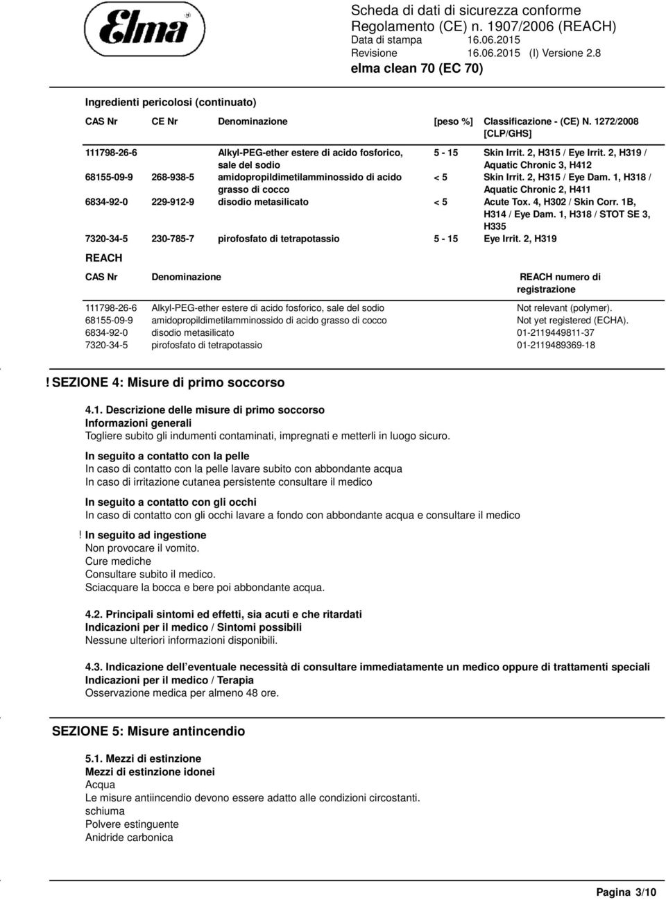 2, H319 / Aquatic Chronic 3, H412 68155-09-9 268-938-5 amidopropildimetilamminossido di acido grasso di cocco < 5 Skin Irrit. 2, H315 / Eye Dam.