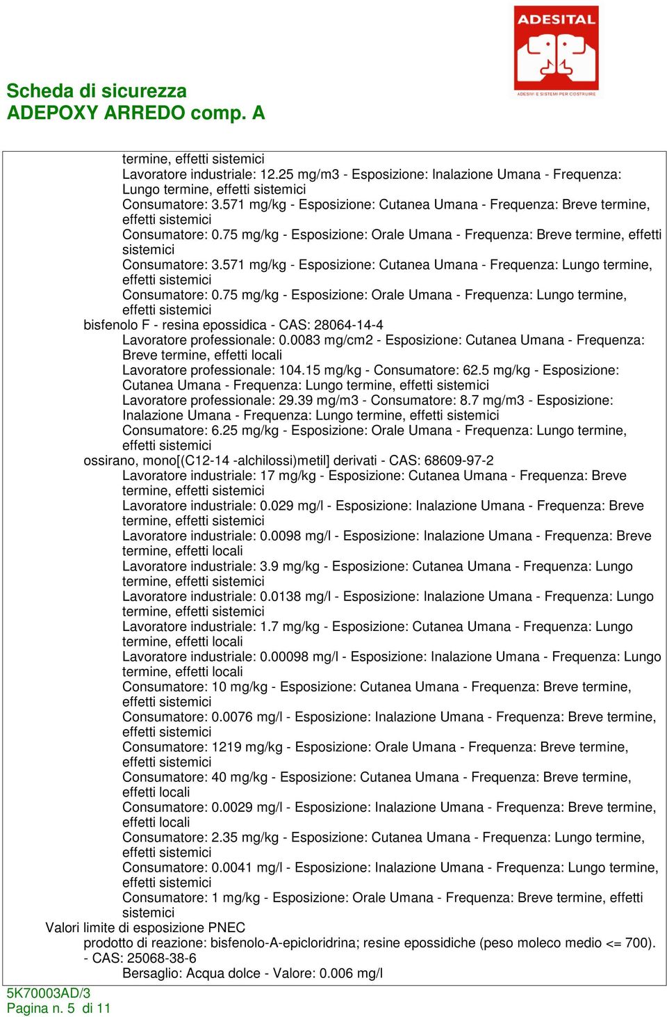 571 mg/kg - Esposizione: Cutanea Umana - Frequenza: Lungo termine, Consumatore: 0.