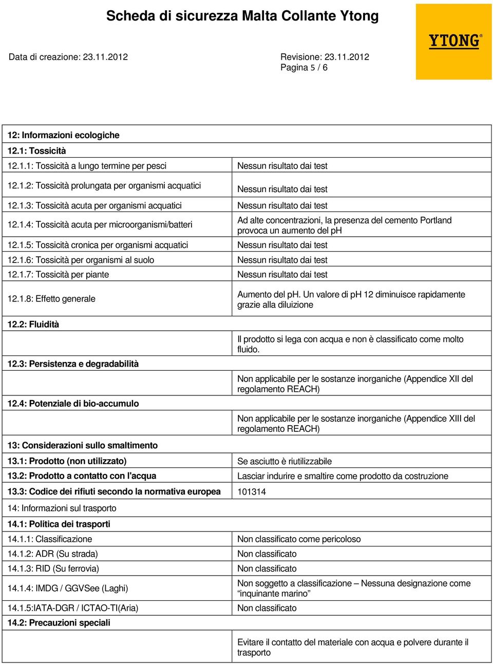 1.6: Tossicità per organismi al suolo Nessun risultato dai test 12.1.7: Tossicità per piante Nessun risultato dai test Ad alte concentrazioni, la presenza del cemento Portland provoca un aumento del ph 12.