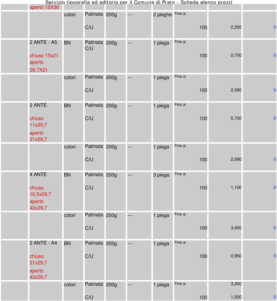 --- 1 piega Fino a: C/U 100 2,080 0 4 ANTE BN Patinata 200g --- 3 piega Fino a: chiuso C/U 100 1,100 0 10,5x29,7 aperto 42x29,7 colori Patinata 200g --- 1 piega Fino a: