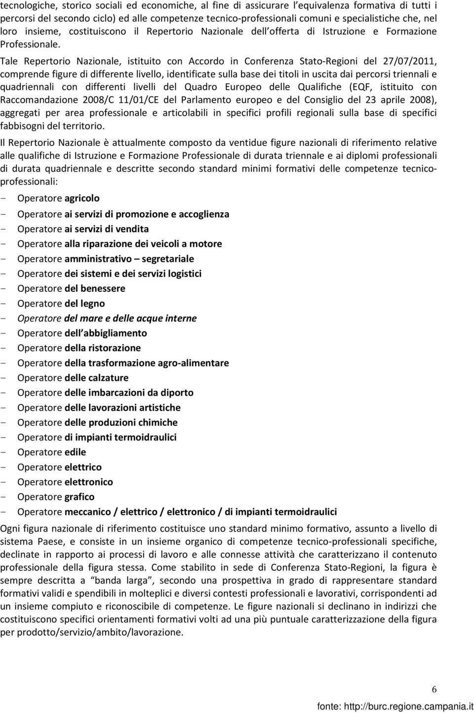 Tale Repertorio Nazionale, istituito con Accordo in Conferenza Stato-Regioni del 27/07/2011, comprende figure di differente livello, identificate sulla base dei titoli in uscita dai percorsi