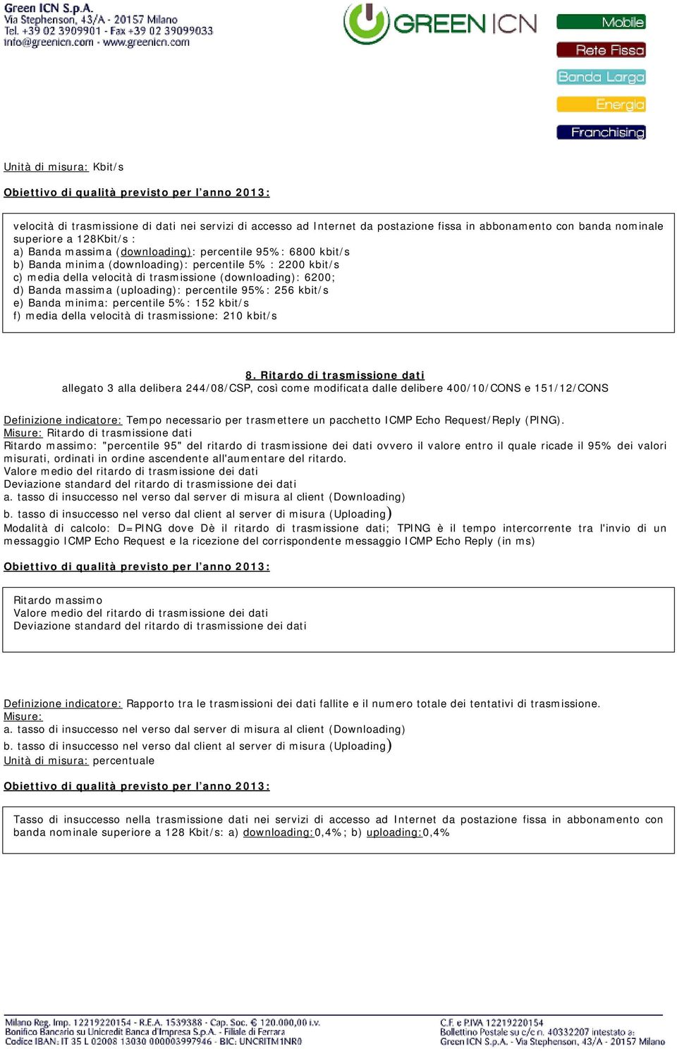 percentile 95%: 256 kbit/s e) Banda minima: percentile 5%: 152 kbit/s f) media della velocità di trasmissione: 210 kbit/s 8.