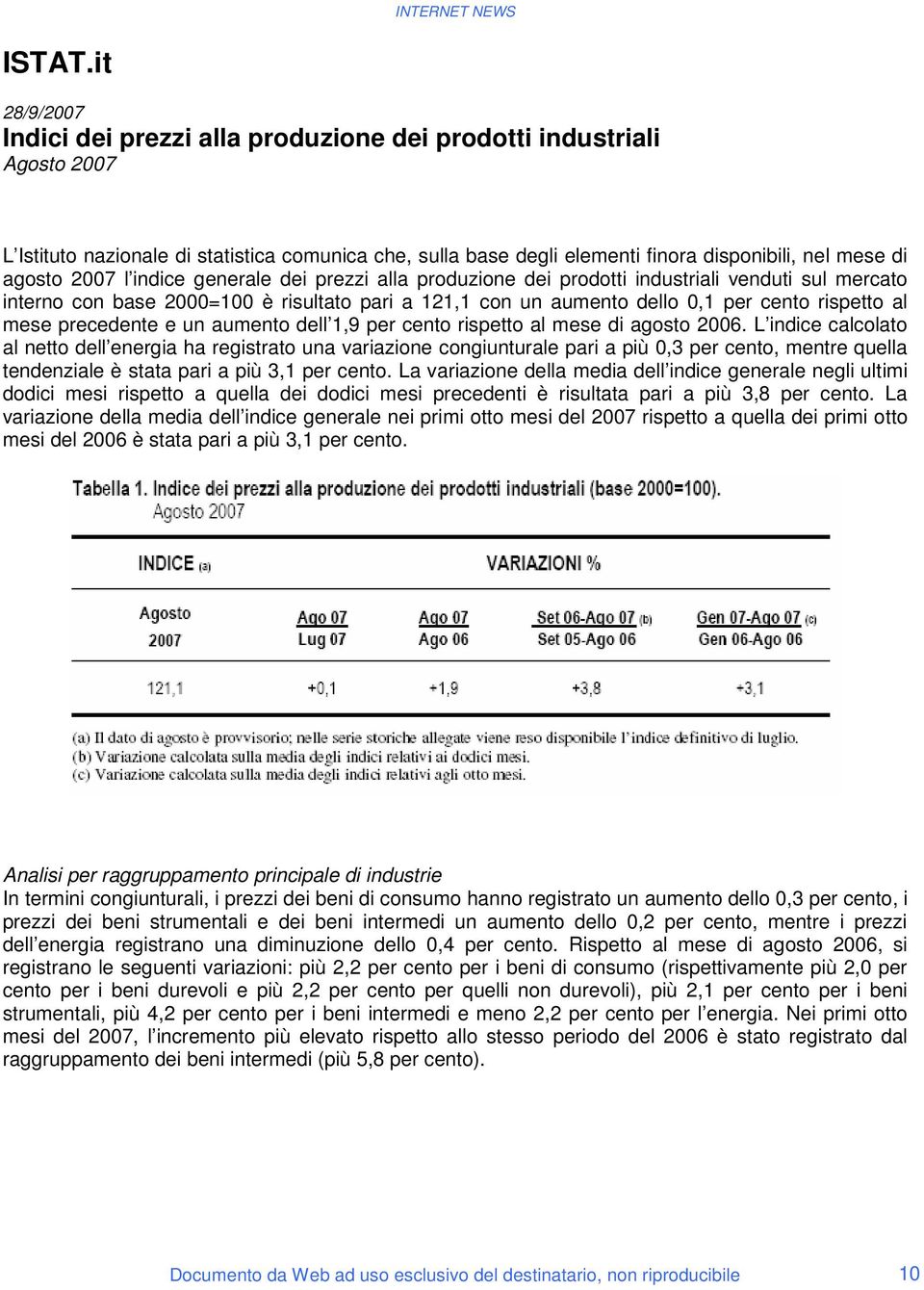 2007 l indice generale dei prezzi alla produzione dei prodotti industriali venduti sul mercato interno con base 2000=100 è risultato pari a 121,1 con un aumento dello 0,1 per cento rispetto al mese