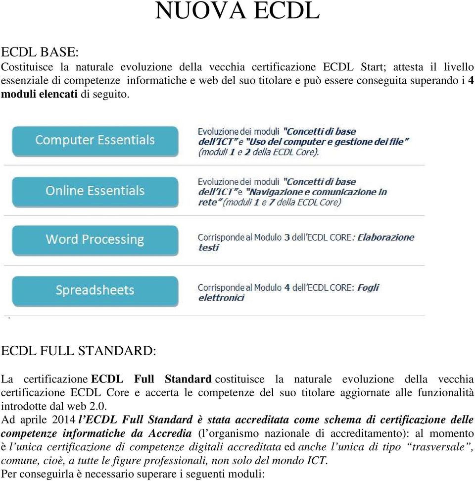 ECDL FULL STANDARD: La certificazione ECDL Full Standard costituisce la naturale evoluzione della vecchia certificazione ECDL Core e accerta le competenze del suo titolare aggiornate alle