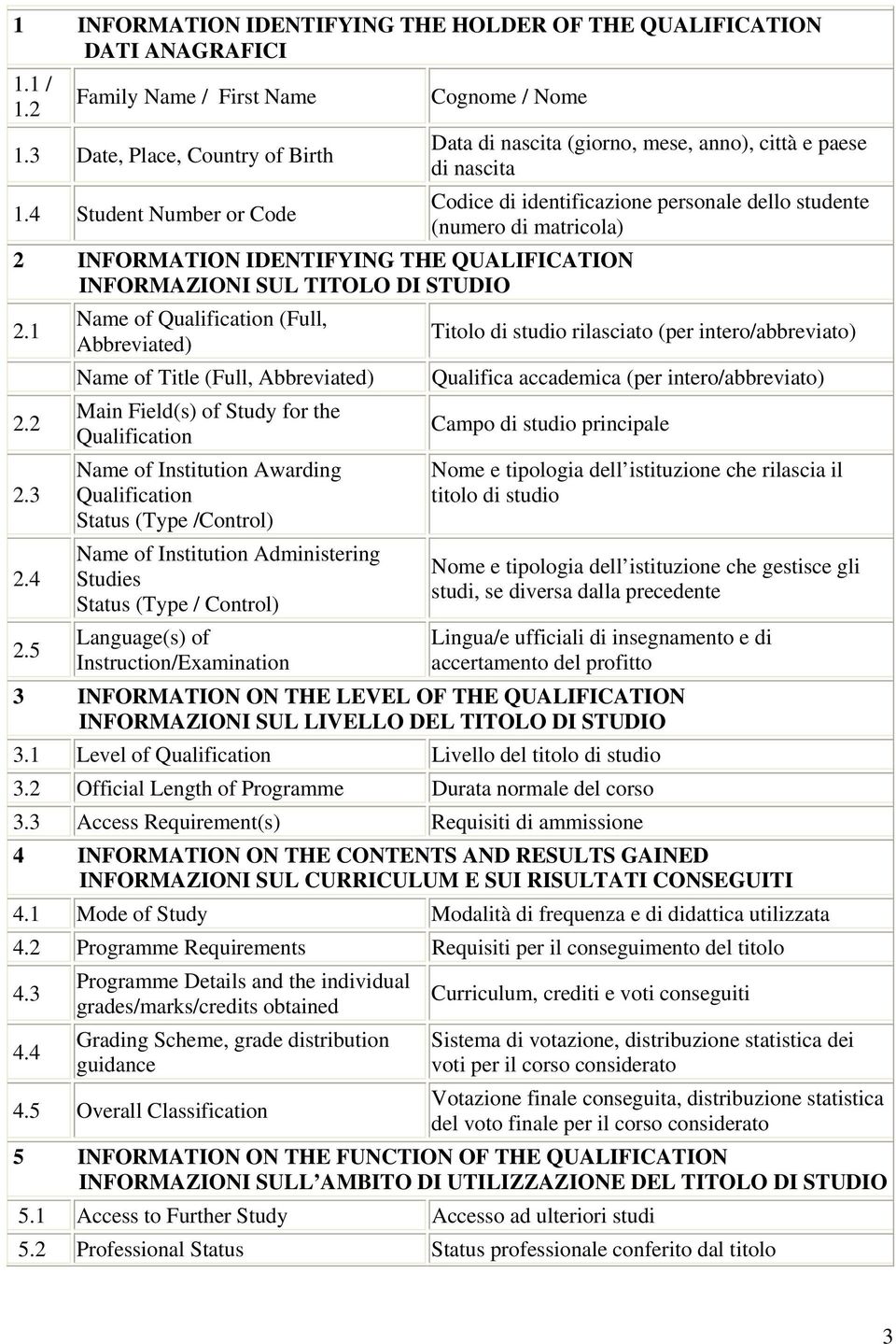 4 Student Number or Code (numero di matricola) 2 INFORMATION IDENTIFYING THE QUALIFICATION INFORMAZIONI SUL TITOLO DI STUDIO 2.1 2.2 2.3 2.4 2.