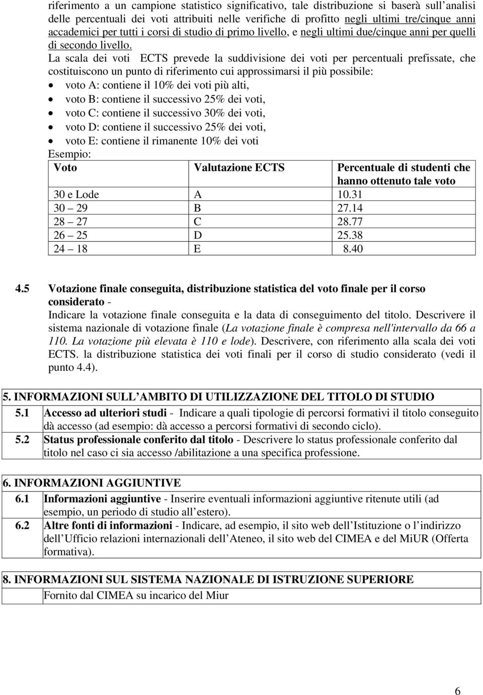 La scala dei voti ECTS prevede la suddivisione dei voti per percentuali prefissate, che costituiscono un punto di riferimento cui approssimarsi il più possibile: voto A: contiene il 10% dei voti più