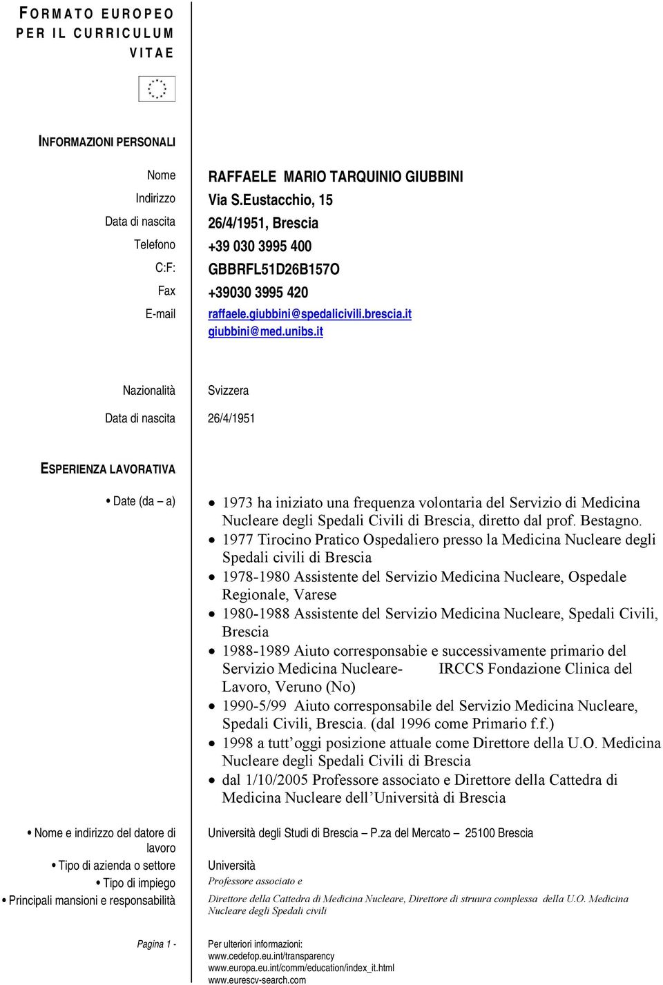 it Nazionalità Svizzera Data di nascita 26/4/1951 ESPERIENZA LAVORATIVA Date (da a) Nome e indirizzo del datore di lavoro Tipo di azienda o settore Tipo di impiego Principali mansioni e